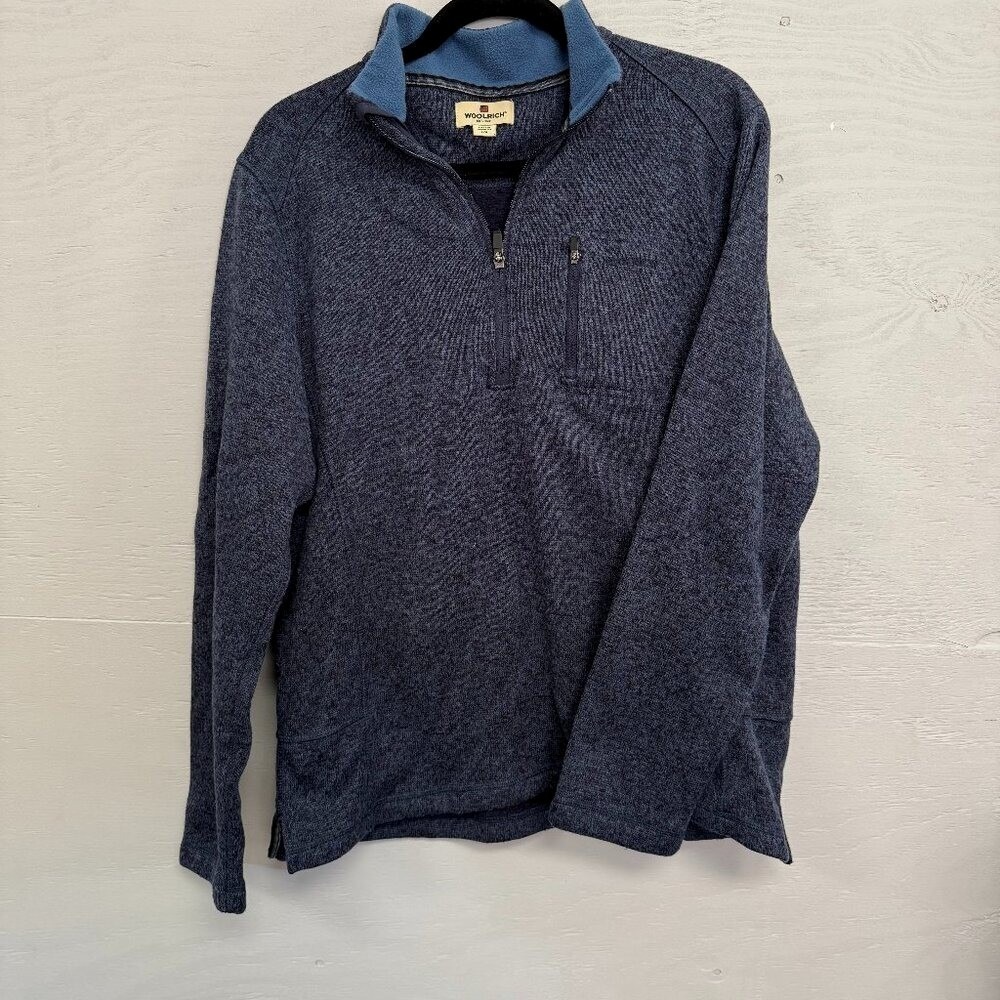 Woolrich Mens Blue Marled Quarter Zip Fleece Pullover Sweater Large L Pocket
